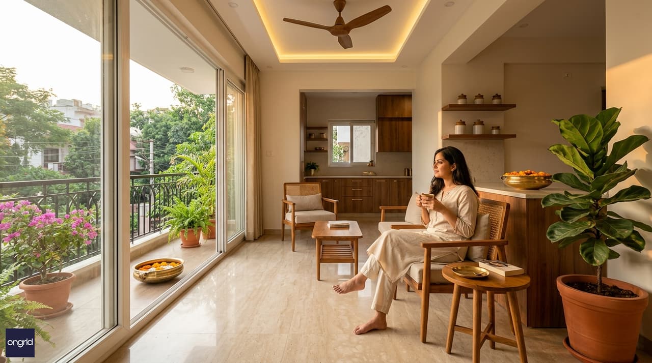 Modern Indian interior of South-facing living room with natural light