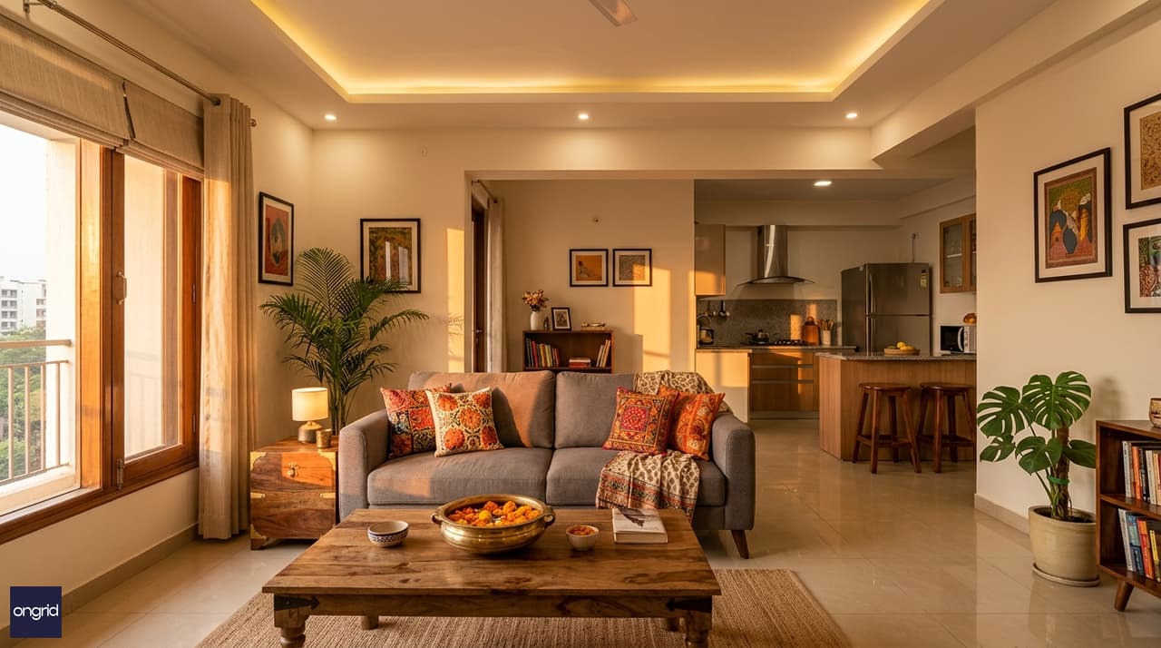 Lifestyle interior of 20x40 west-facing home with warm afternoon light and modern Indian decor