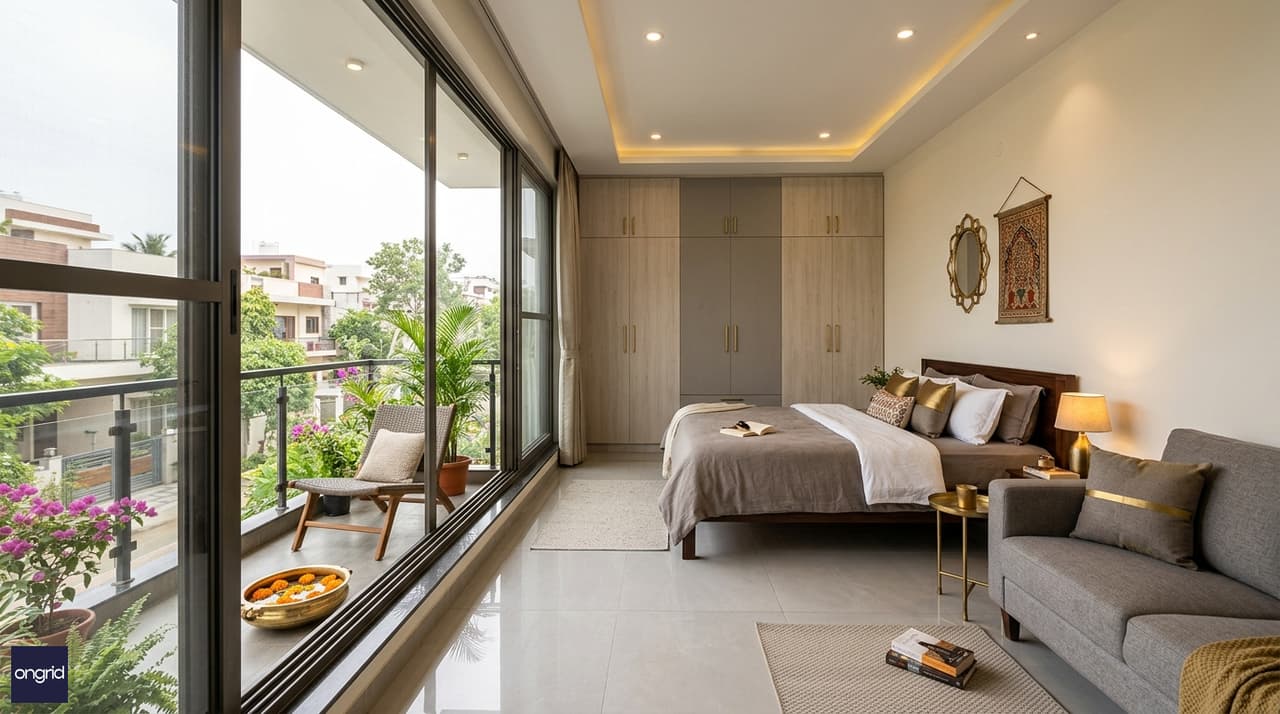 Modern Indian interior of North-facing living room with natural light