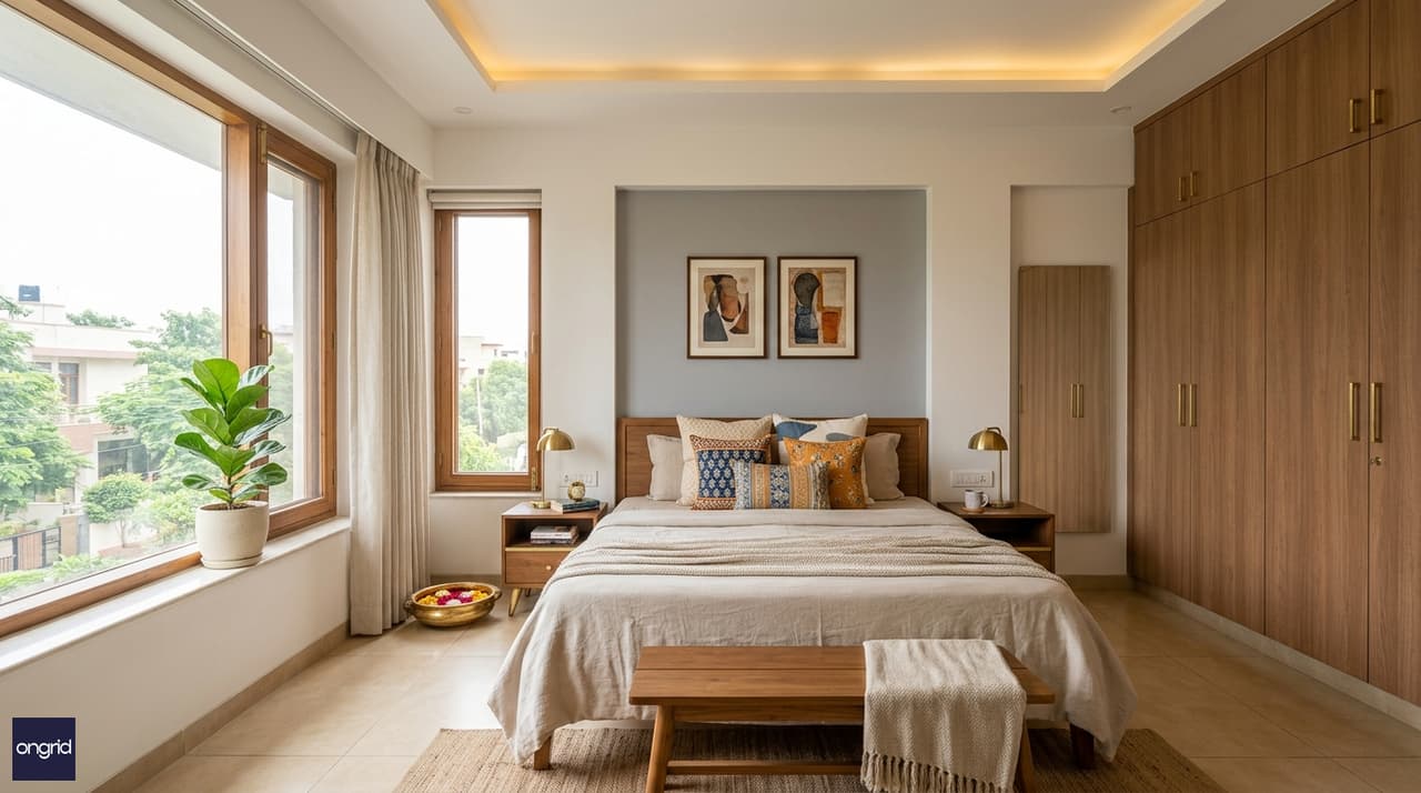 Modern north-facing home interior with bright living room, natural light from large windows, warm minimalist decor, contemporary Indian aesthetic, professional photography