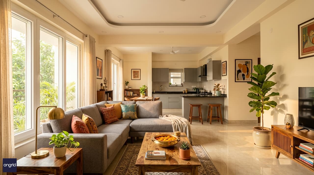 Aspirational interior photograph showing modern living room with morning light, contemporary Indian furnishings, and open kitchen