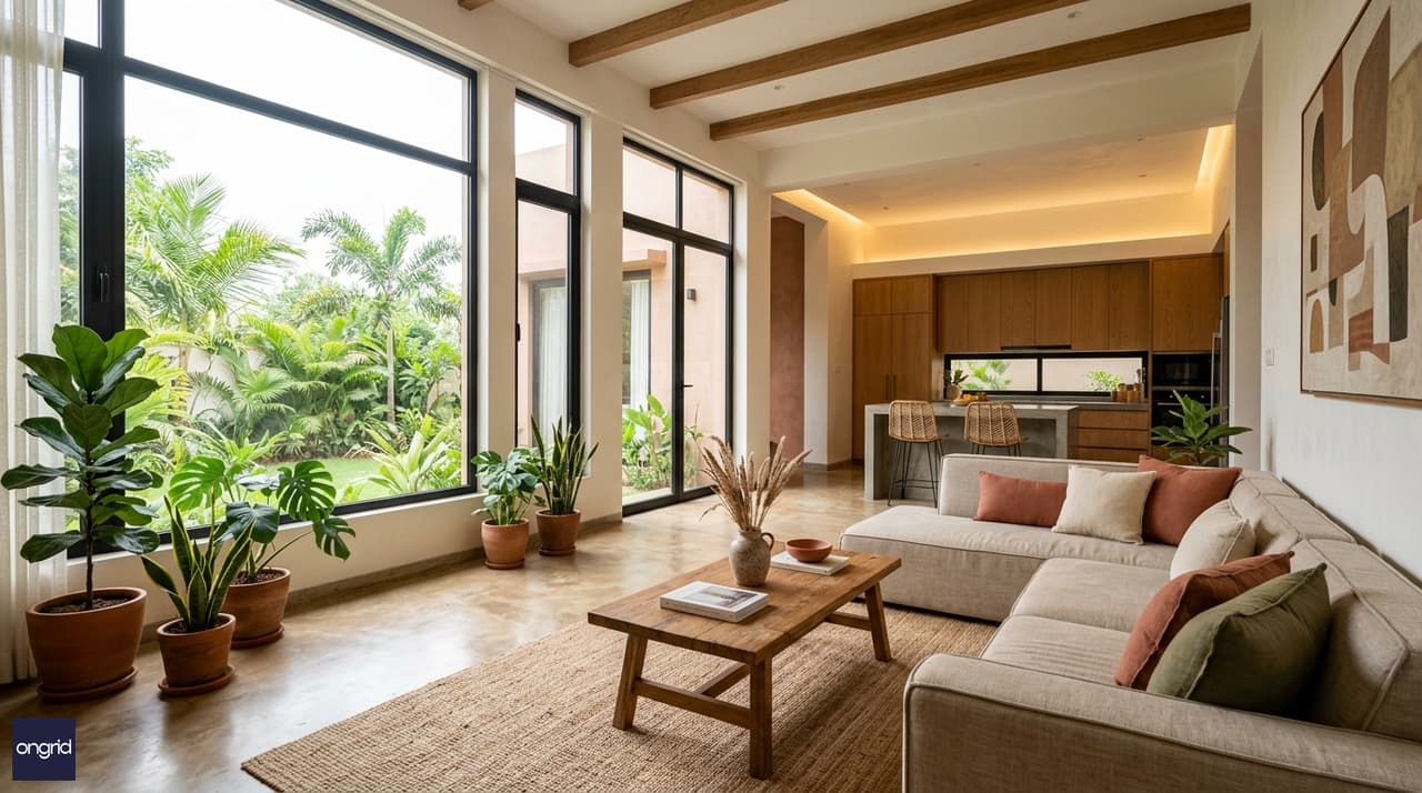 Modern 25x30 south-facing home interior with north-facing living room flooded with soft natural light, comfortable seating, minimalist decor in earth tones, large windows framing views, professional architectural photography, warm and inviting aesthetic