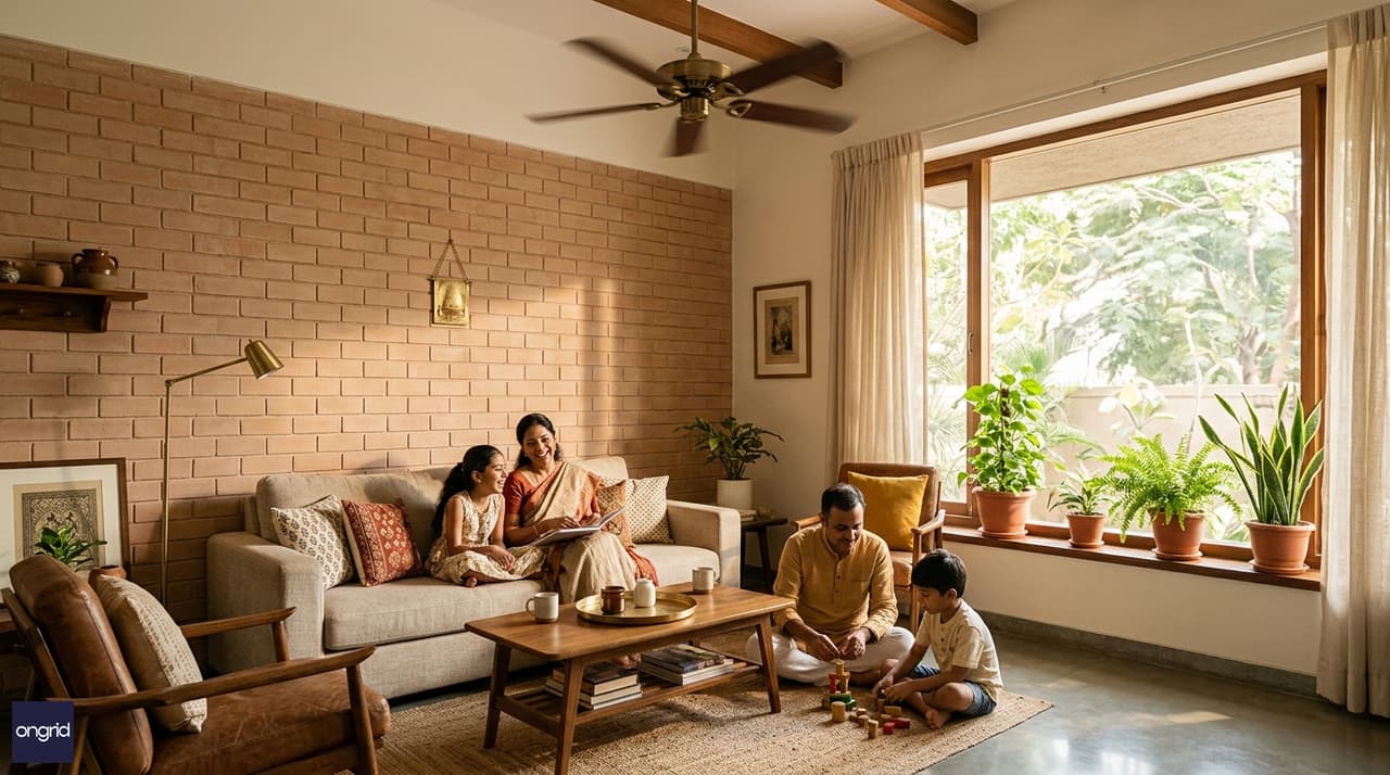 Modern Indian home interior with light-filled living room, ceiling fan, south-facing window with thermal mass wall visible, minimal air conditioning, warm afternoon light, contemporary furnishings, comfortable family gathering space
