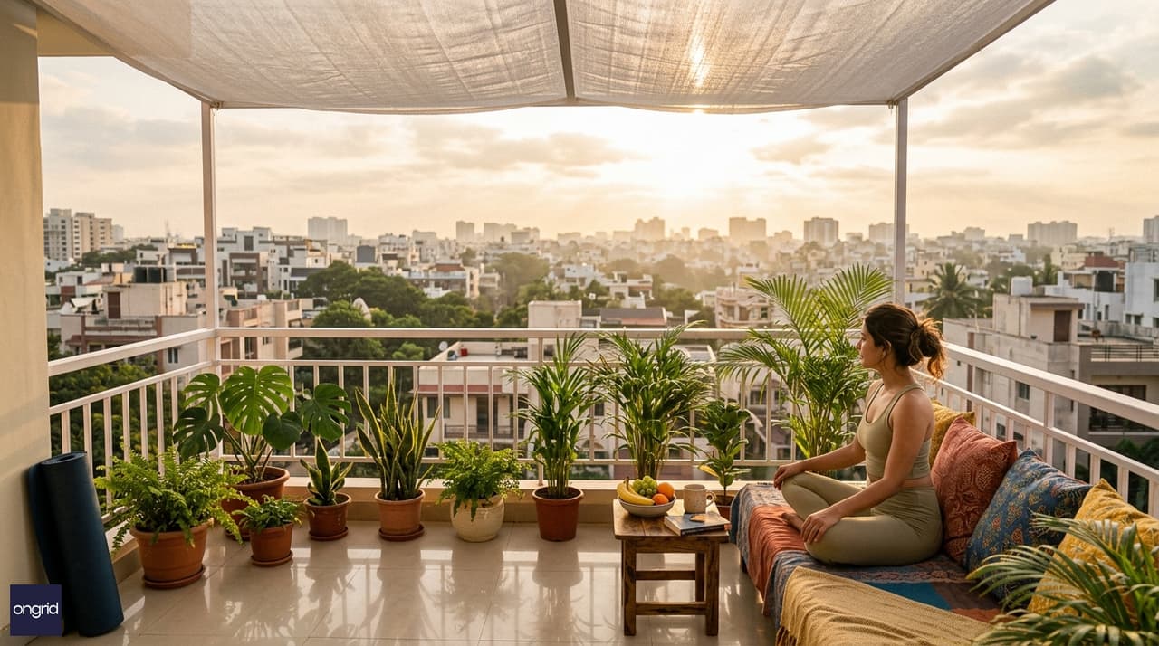 Lifestyle photograph showing a terrace on the third floor with city views, plants, and outdoor seating
