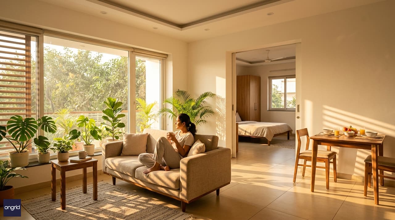 Interior rendering of morning-lit living room and master bedroom with warm golden light, vitrified tiles, and minimalist furnishings