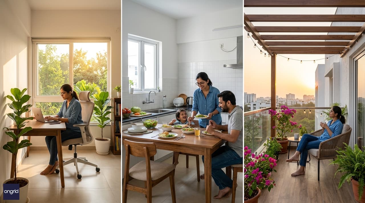 Lifestyle visualization showing morning work routine, family dining, and evening outdoor space