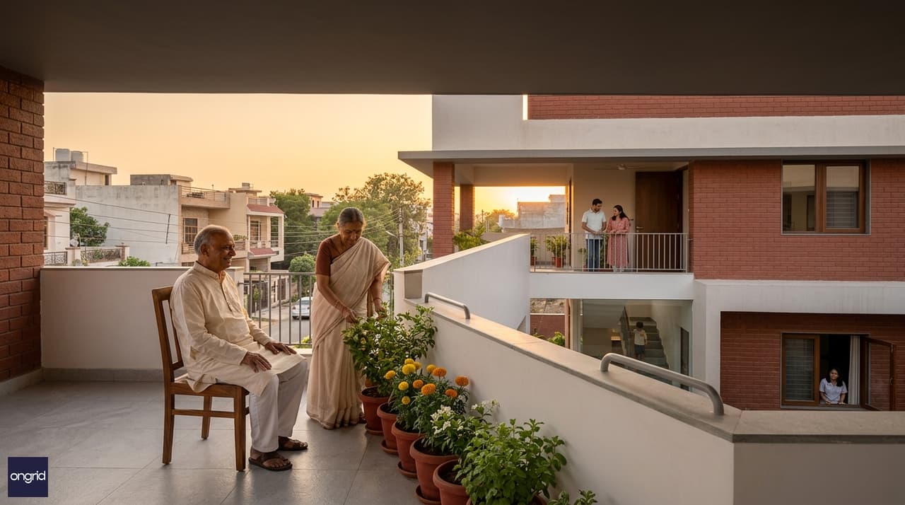 Lifestyle image: multi-generational family on the south-facing terrace at sunset, with deep overhang visible