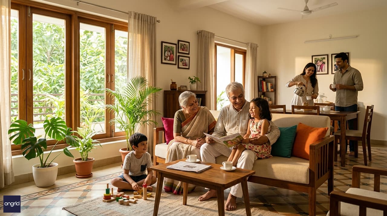 Multi-generational Indian family in a bright east-facing living room, morning light through east windows, parents and children together
