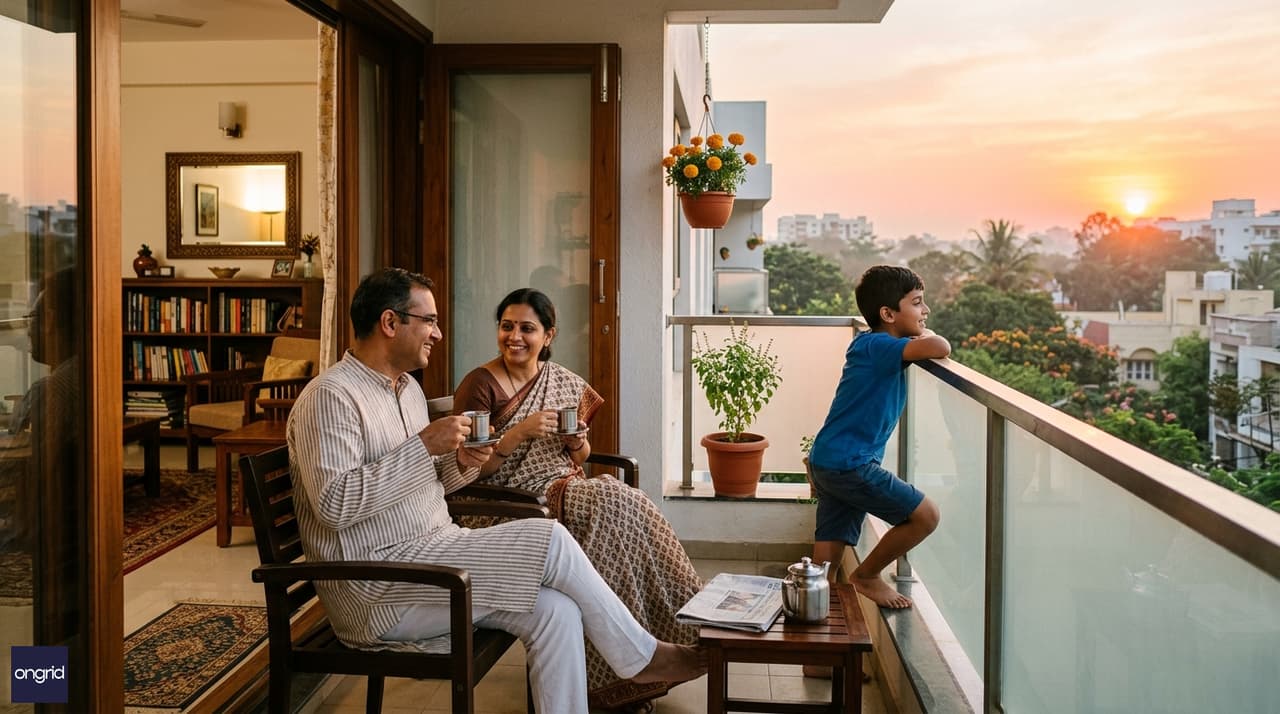 Indian family enjoying morning light on the east-facing first-floor balcony of their 30x40 G+2 home, having chai with potted plants
