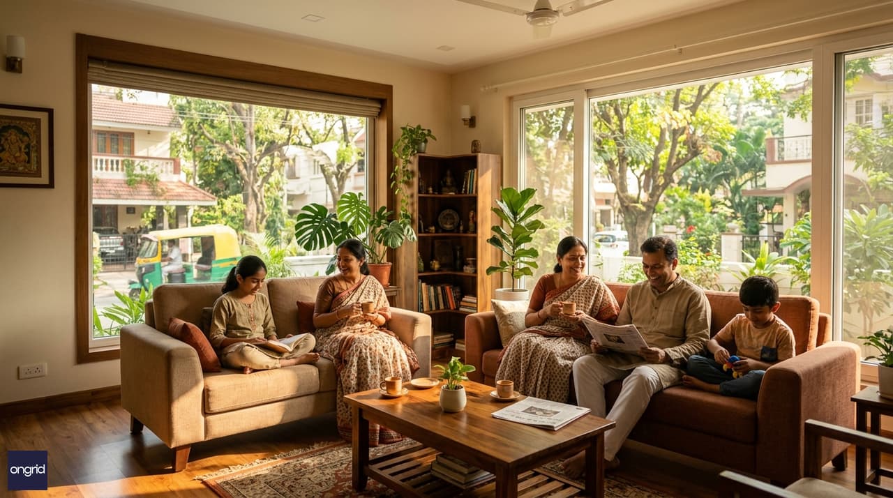 Indian family in east-facing ground floor living room with morning sunlight streaming through large windows in 30x40 G+3 home