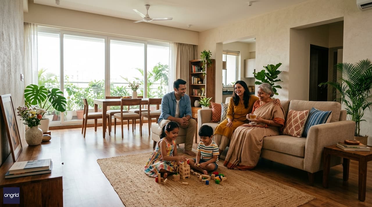 A multigenerational Indian family relaxing in a bright, north-lit spacious living room of a modern single-floor home with large windows and warm interiors