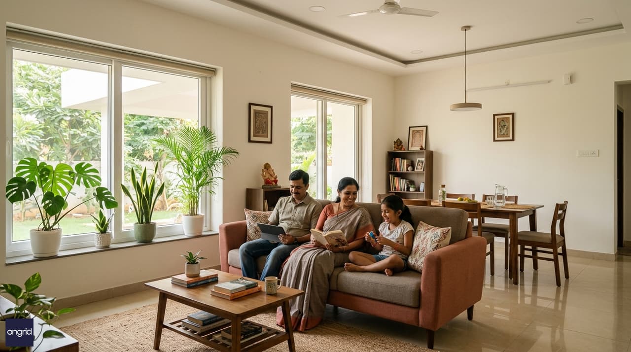 Bright airy living room of a 30x40 south-facing ground-floor home at 3 PM — deep overhang filtering direct sun, diffuse warm light filling the 16x13 ft space