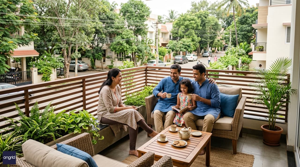Indian family relaxing on the cool north-facing first-floor balcony lounge of their 30x40 G+3 home, morning light, comfortable seating, green neighbourhood visible in background