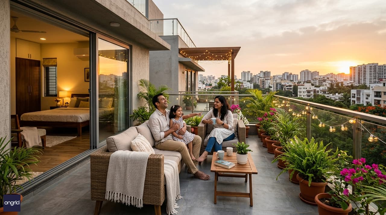 Family relaxing on the open terrace of a south facing three-floor home with container garden, modern outdoor furniture and city views in the background
