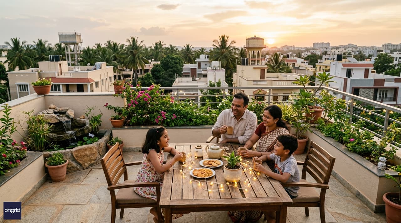 Lifestyle — family on the open rooftop terrace of their south-facing G+3 home in Bengaluru