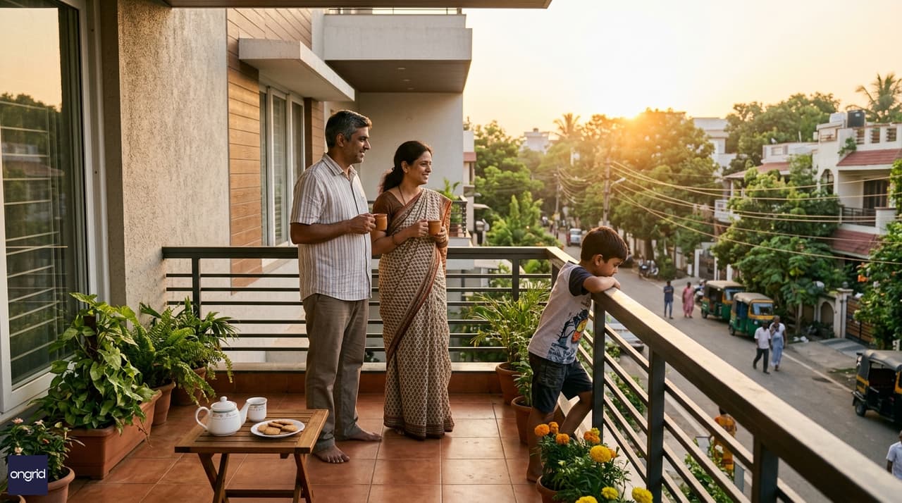 Indian family enjoying morning tea on the east-facing first-floor balcony at sunrise