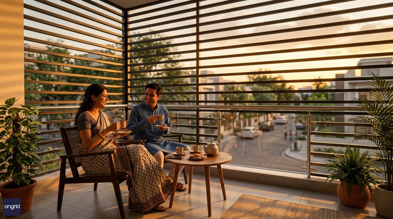 Indian couple enjoying evening chai on west-facing first floor balcony with golden hour light filtering through horizontal louvre screen, terracotta plant pots, and soft urban street view below