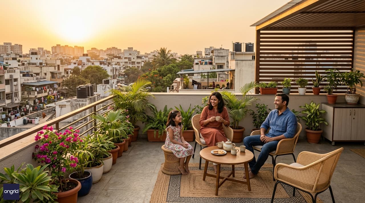 Evening lifestyle view from the second-floor sunset terrace of a 40x50 west facing G+2 house in an urban Indian neighbourhood