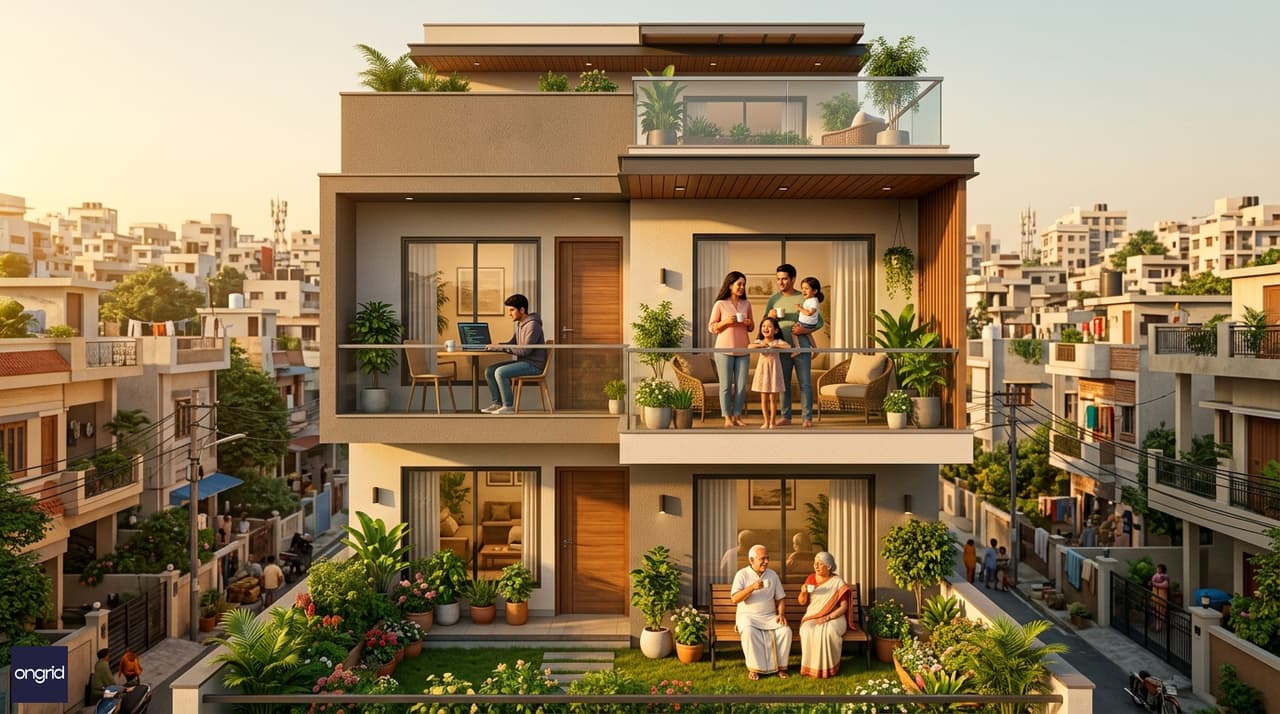 Lifestyle scene of three-generation Indian family using a 4-floor east facing home with morning balcony views and garden access