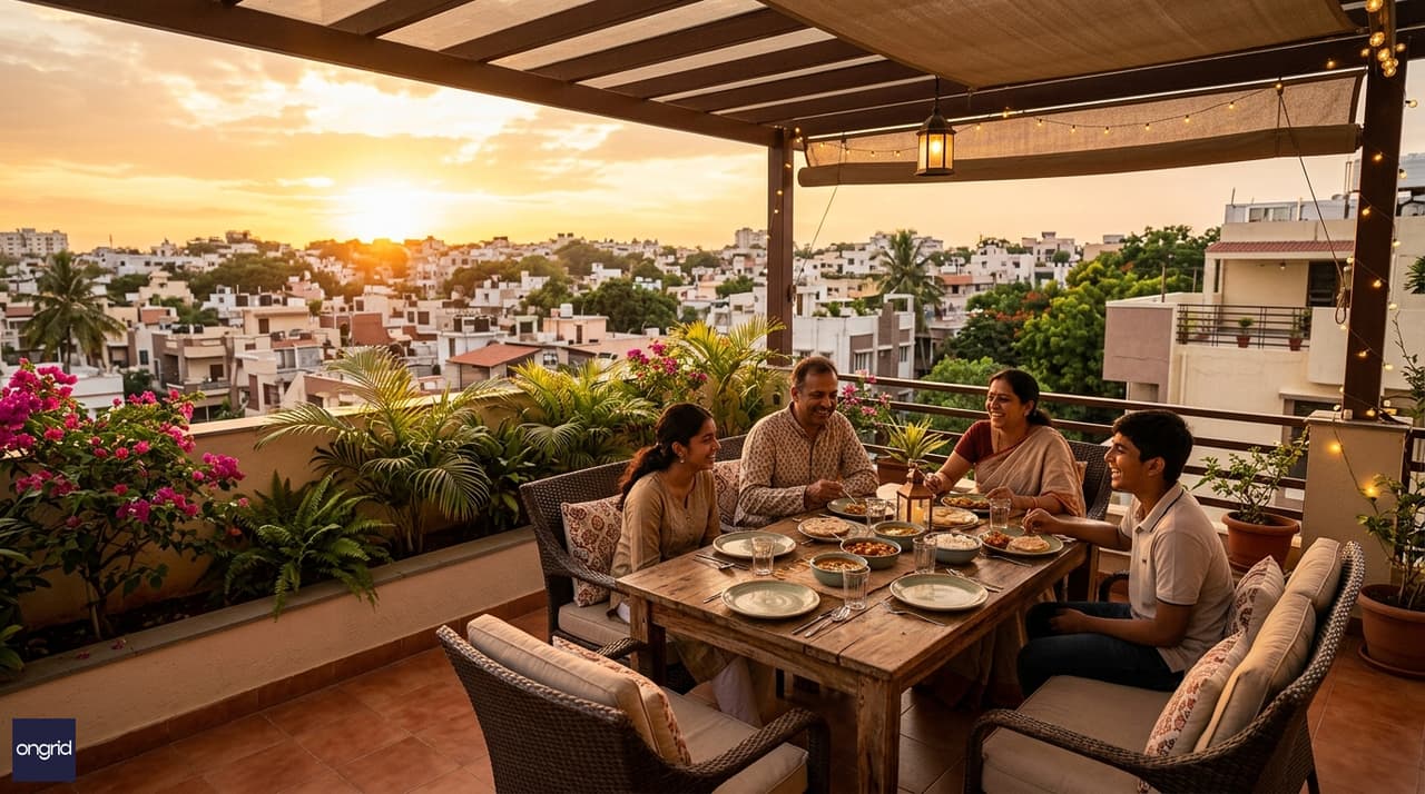Evening lifestyle image of an Indian family on a covered west-facing rooftop terrace at golden hour, 40x50 G+3 building, comfortable outdoor furniture, warm sunset sky over a residential neighbourhood
