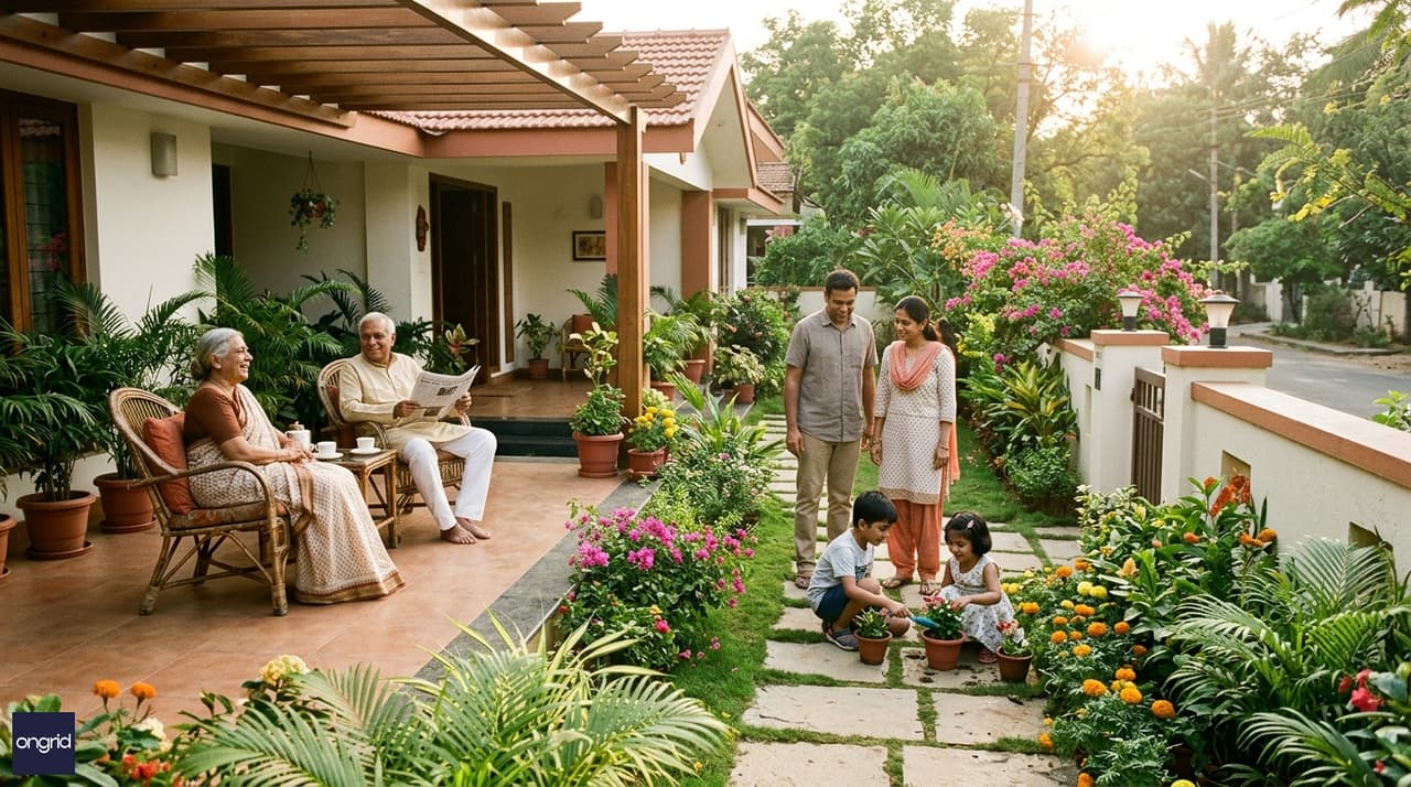 A multi-generational Indian family enjoying morning time in the front garden of their south-facing single-floor home, with a wide verandah visible and warm morning sunlight