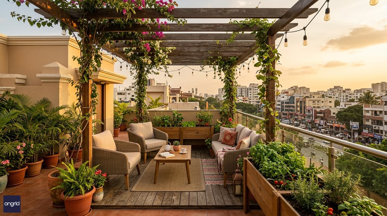 Rooftop terrace lifestyle view on a 40x50 north-facing G+3 home showing south-facing garden, pergola and evening entertaining space with city views