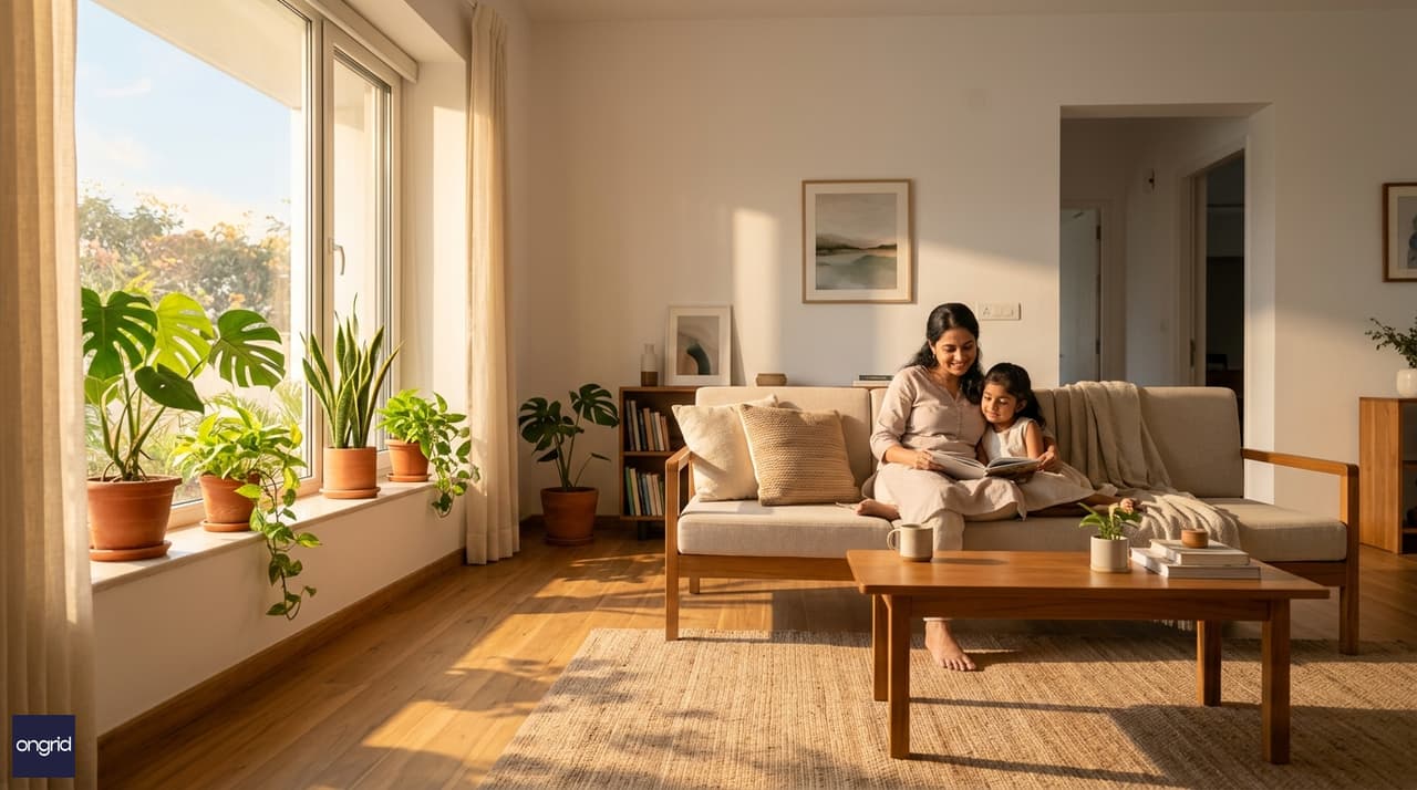 Bright morning living room of east facing single floor home with family, warm sunlight through large east windows, plants on windowsill and minimal modern interiors