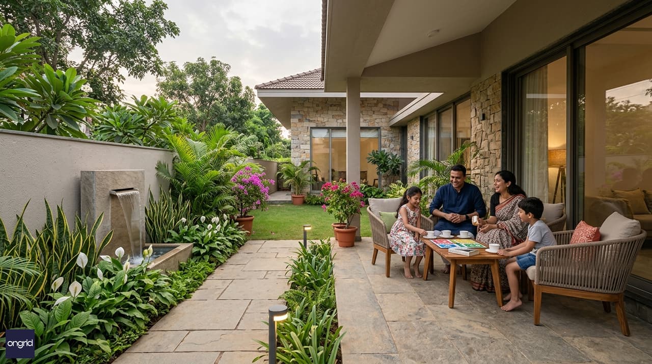 A family relaxing in the cool, shaded north-facing front garden of a 40x60 bungalow with low-maintenance plantings, stone paving, and a wide sit-out verandah