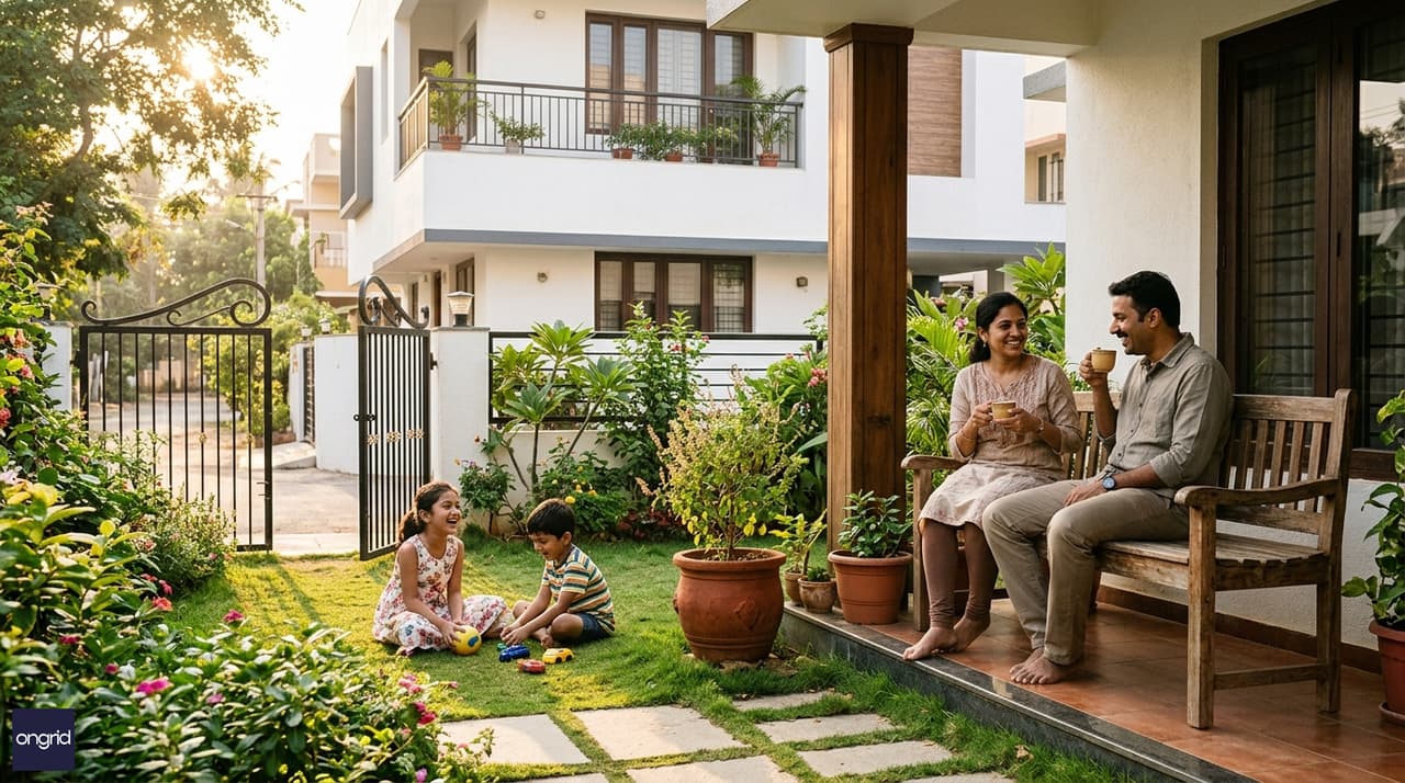Young Indian family of four relaxing in the east-facing sit-out of their G+1 home on a weekend morning, children playing in the compound garden, parents with tea, warm golden morning light, casual and relaxed atmosphere