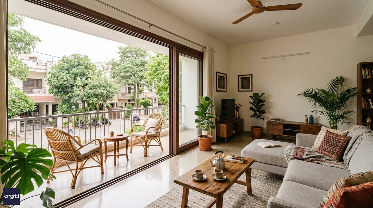 Warm lifestyle interior of north-facing family lounge and balcony in 40x60 G+1 home — Indian family setting
