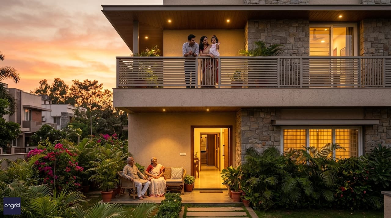 Warm evening scene of a multigenerational Indian family at their west-facing G+1 home — parents relaxing on the ground floor garden, young family on the first floor balcony