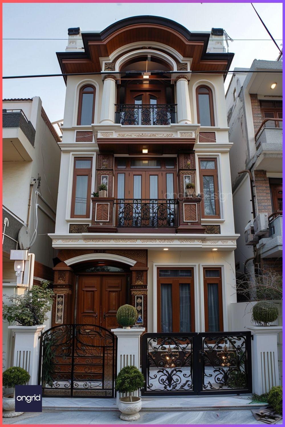Classically elegant 30 feet house elevation with symmetrical design, ornate details and neutral color palette