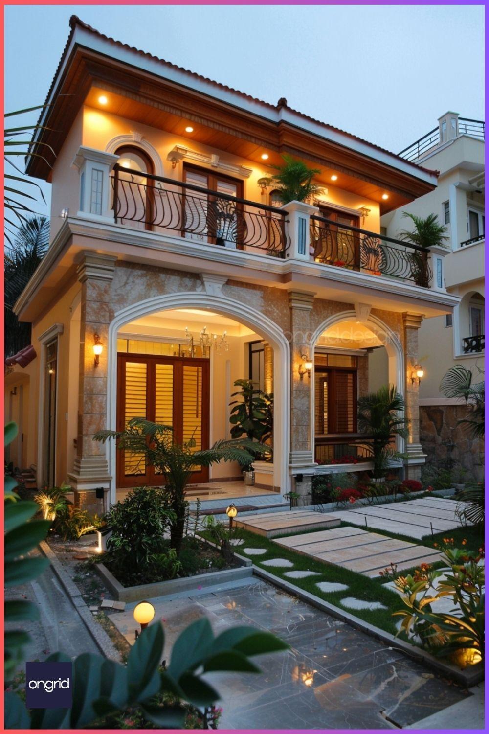 Multi-story 30 feet front elevation featuring vertical gardens and living walls for a natural house front wall design
