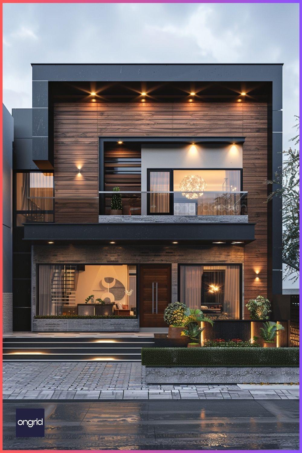 Industrial chic 30 feet front elevation with exposed brick, concrete and metal elements for a modern front building design