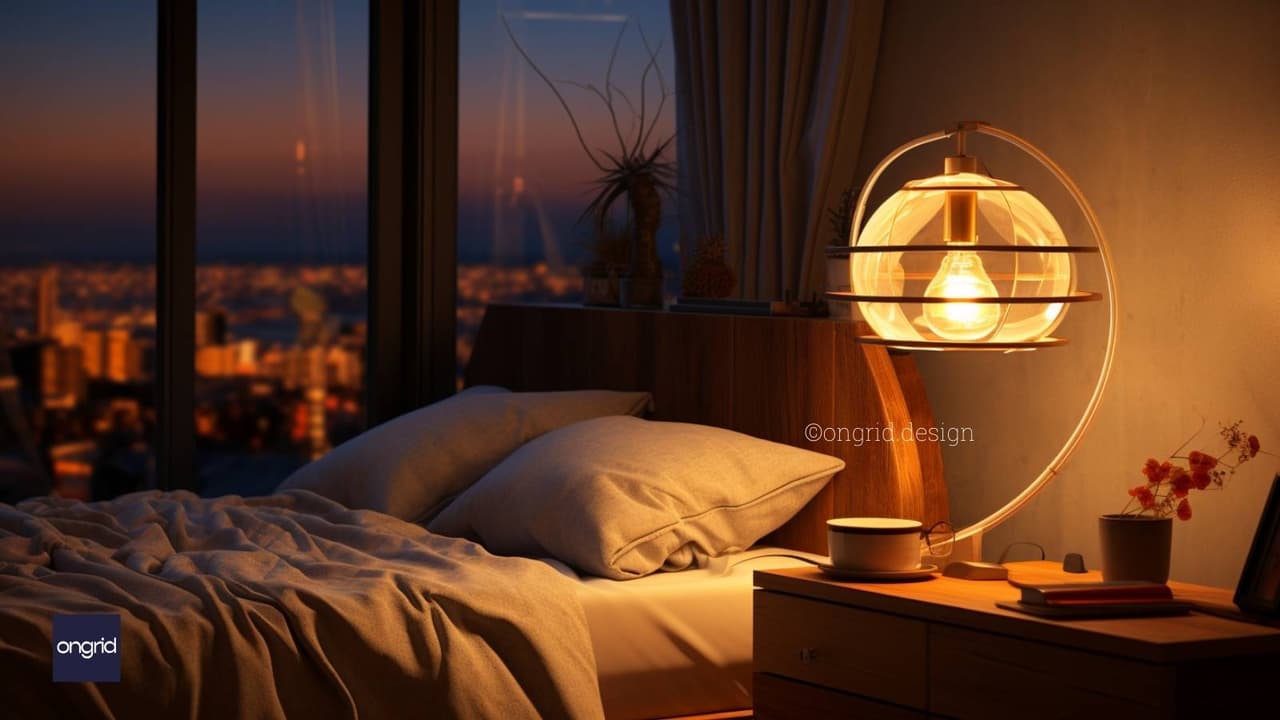 a bed with white sheets and a lamp next to it