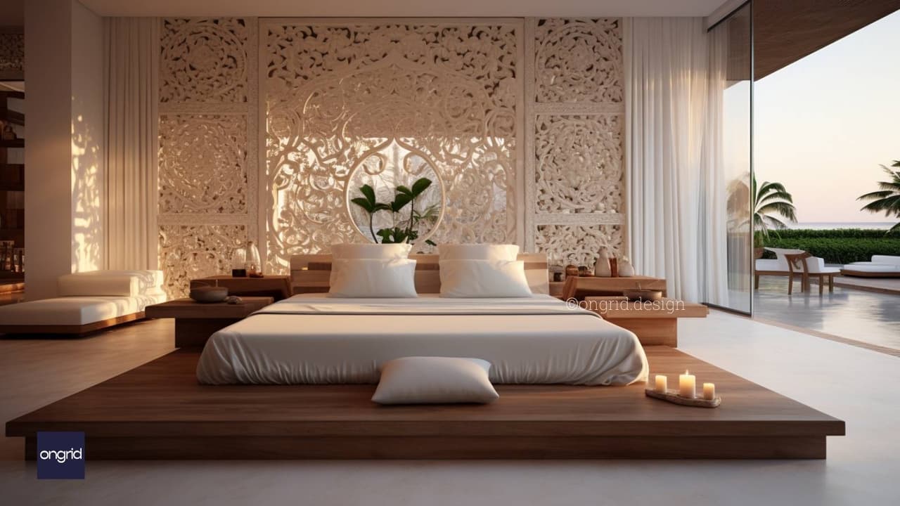 a modern bedroom with white walls and wooden flooring