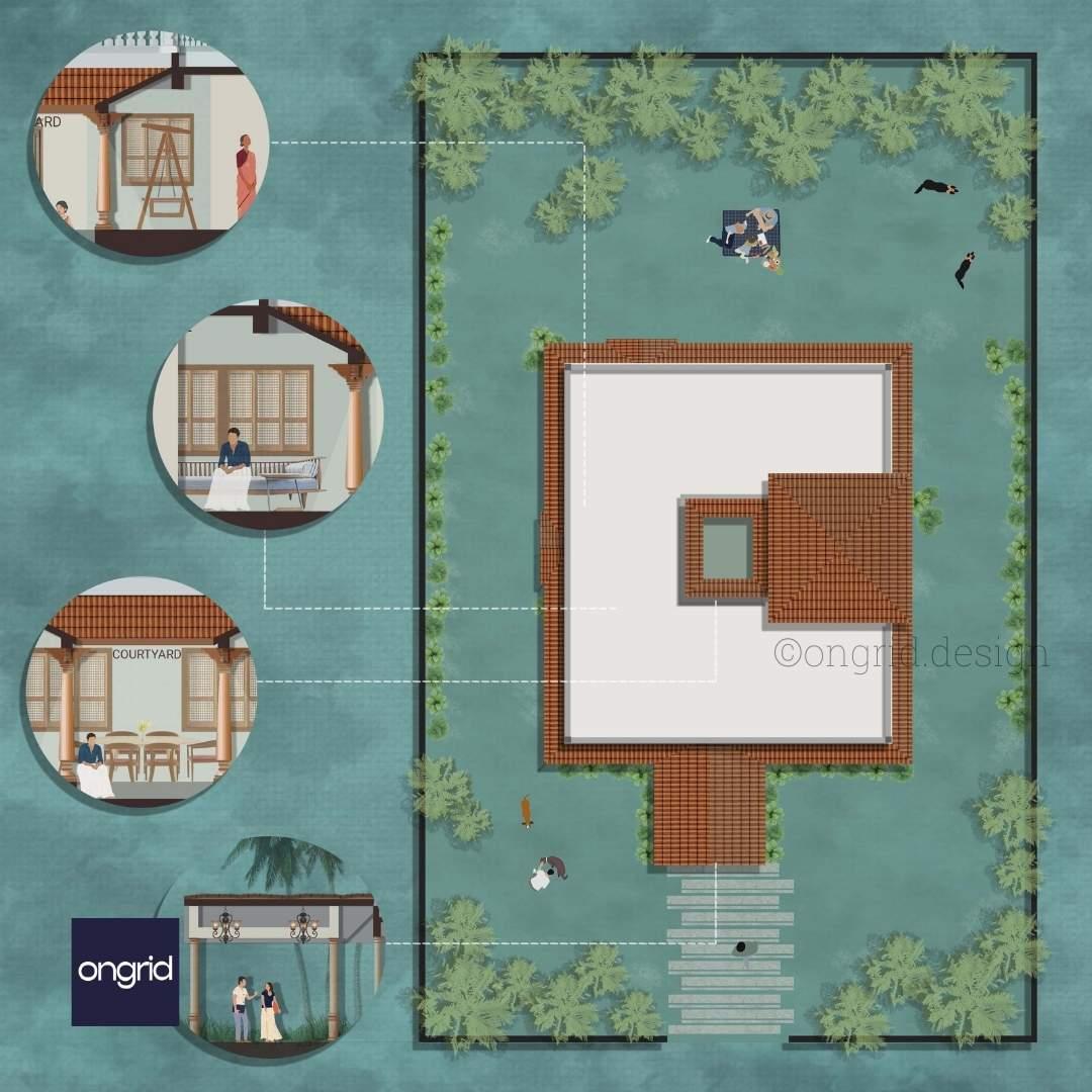 Detailed top-down layout of a Hyderabad farmhouse showcasing yard, living spaces, and courtyard with annotated design elements