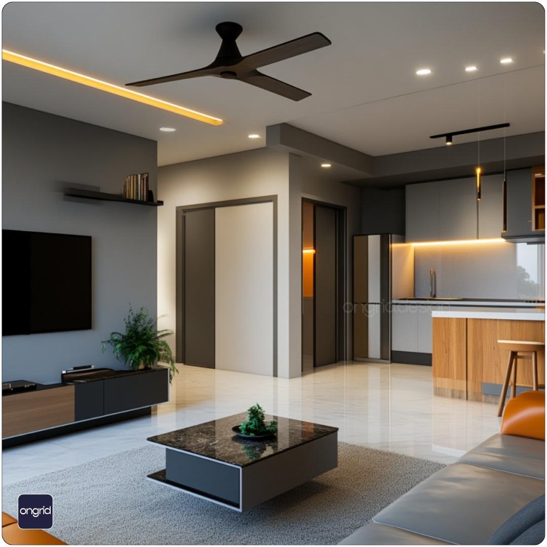 Bright and airy open-concept living and dining area in a modern 2 BHK apartment in Pune