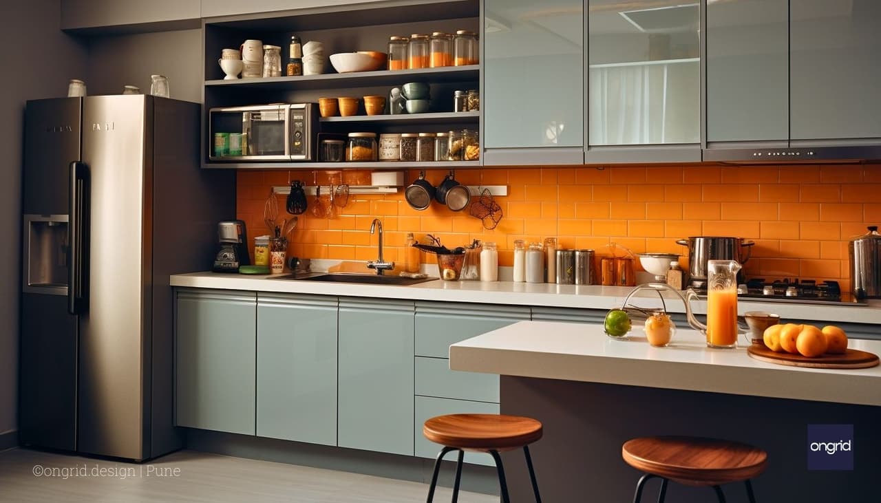 A seamless parallel kitchen design with smoothly integrated cabinets, countertops, and appliances, creating a cohesive flow in neutral tones, emphasizing functionality and minimalism