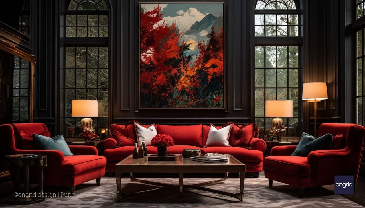 View of Post-Red Classical Living Room with Colour Photo Credits: Ongrid Design Studio, Pune