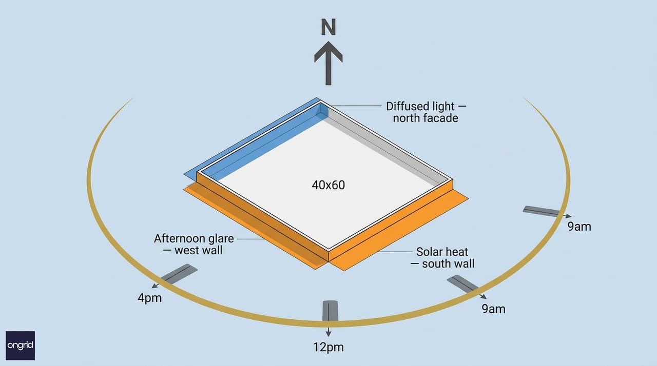 Sun path diagram for 40x60 north facing plot showing diffused light movement across the day