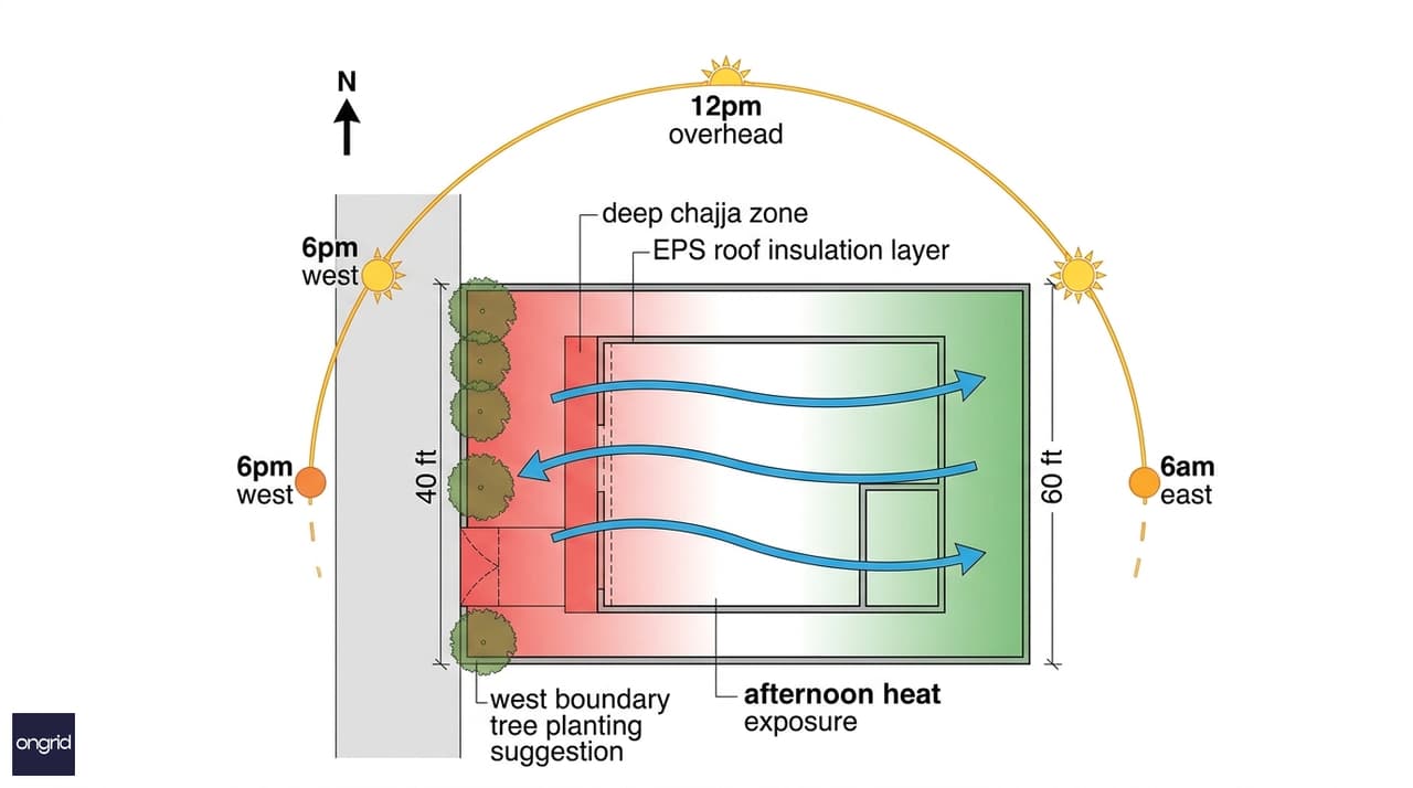 Sun path diagram for a west-facing 40x60 plot showing morning east exposure, midday overhead sun, and afternoon west facade exposure with annotated shading zones