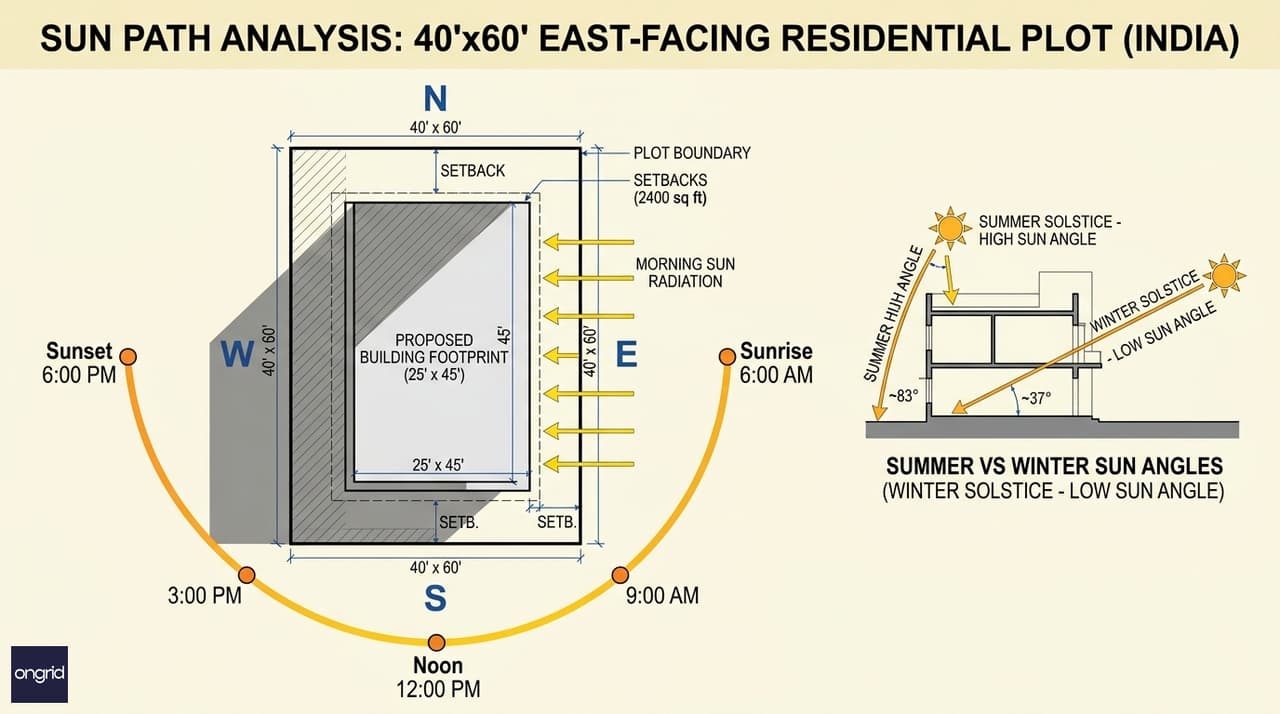 Sun path diagram for a 40x60 east-facing plot showing solar radiation by season and time of day