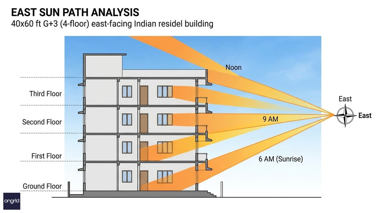 East sun path diagram showing morning light angles reaching all four floors of a 40x60 G+3 east facing house from sunrise through mid-morning