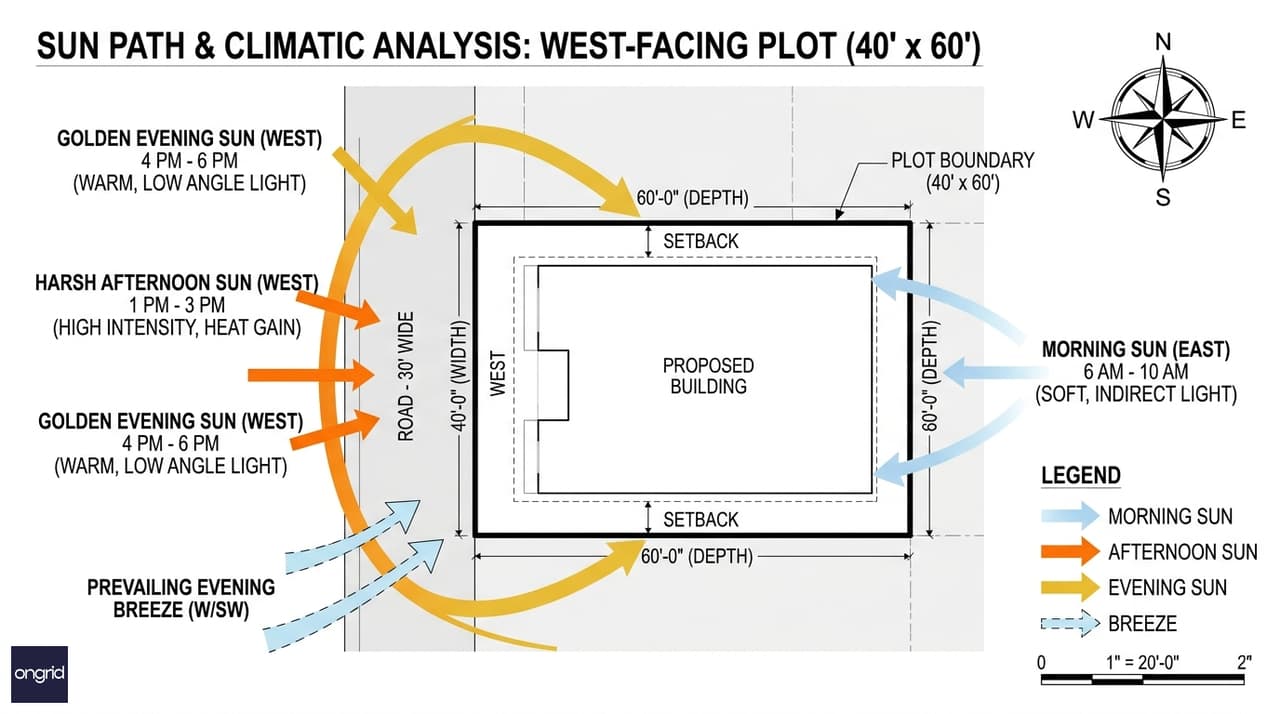 Sun path diagram showing afternoon and evening light angles on a 40x60 west-facing plot