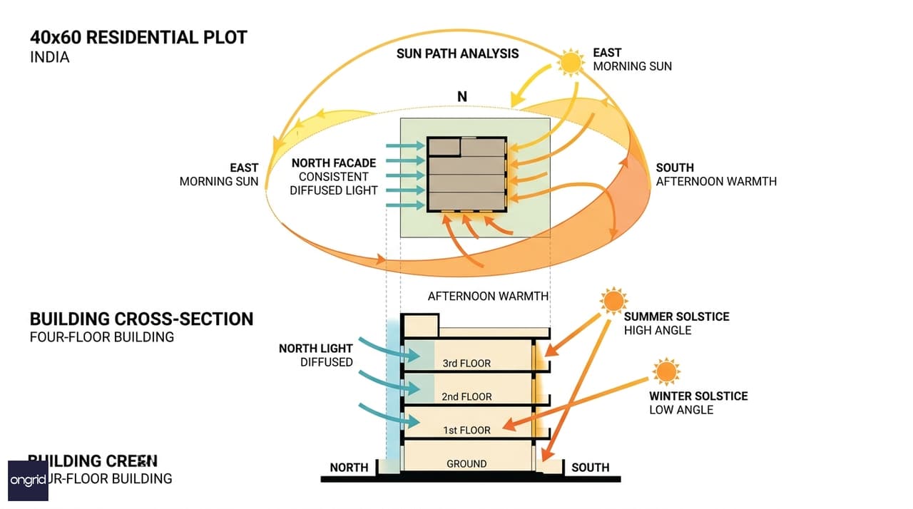 Sun path diagram for a north facing 40x60 plot showing consistent north light entry, east morning sun, and south-facing windows receiving afternoon warmth