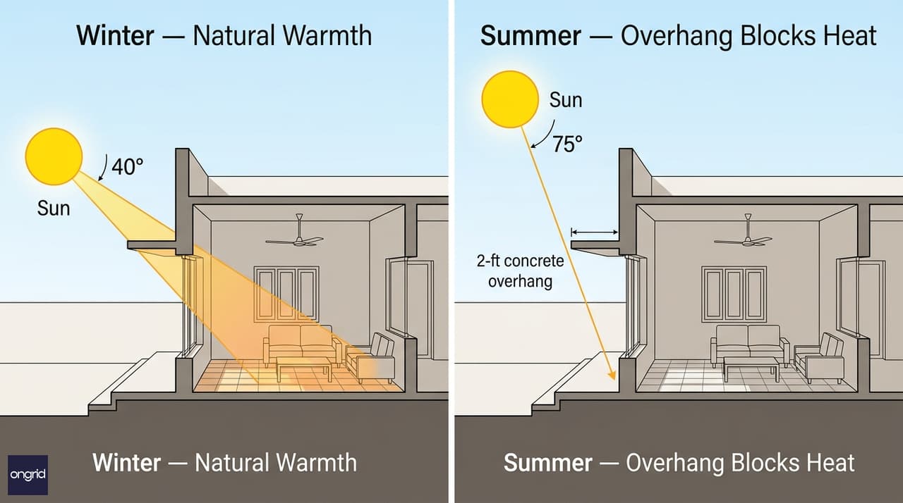Sun path diagram showing winter low-angle sun penetrating south-facing rooms and summer high-angle sun blocked by 2-ft concrete overhang