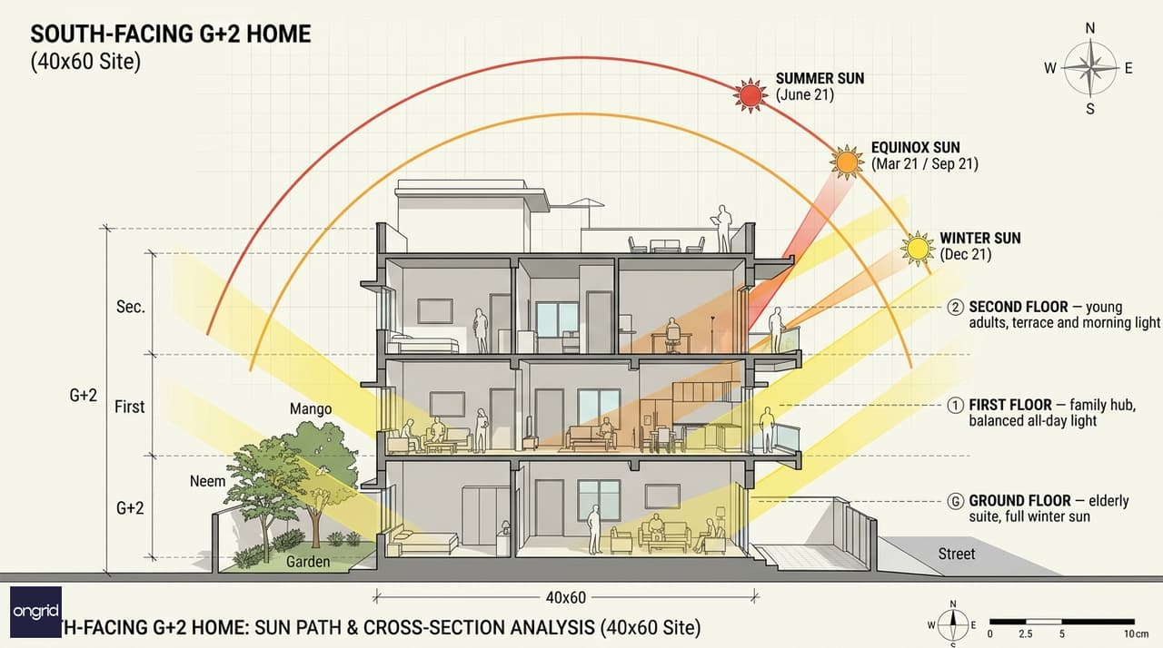Sun path diagram showing south-facing light distribution across all three floors of a 40x60 G+2 home throughout the year
