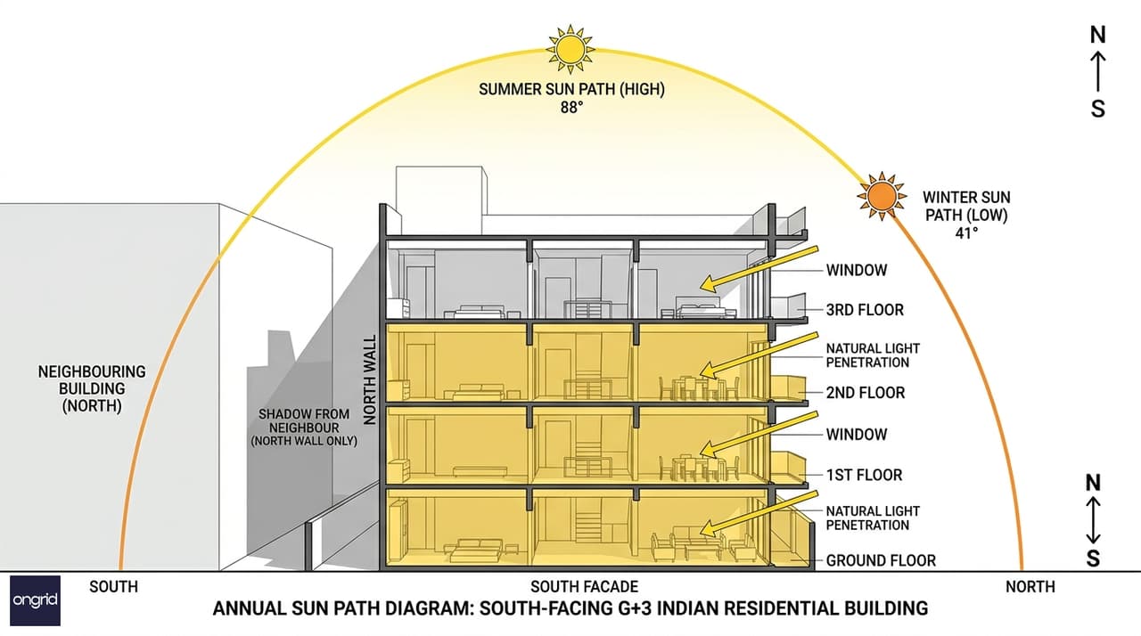 Annual sun path diagram for south facing 40x60 plot showing consistent natural light reaching all four floors