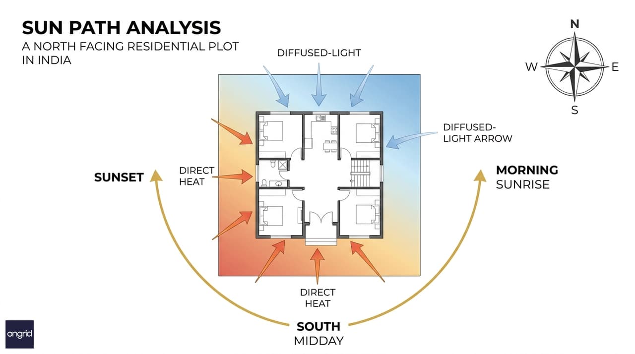 Sun path diagram for a north-facing 60x60 plot showing diffused indirect light distribution through the day